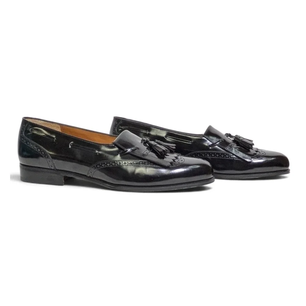 Salvatore Ferragamo Black Patent Tassel Kiltie Loafers Mens 9.5 D Italy NWOB